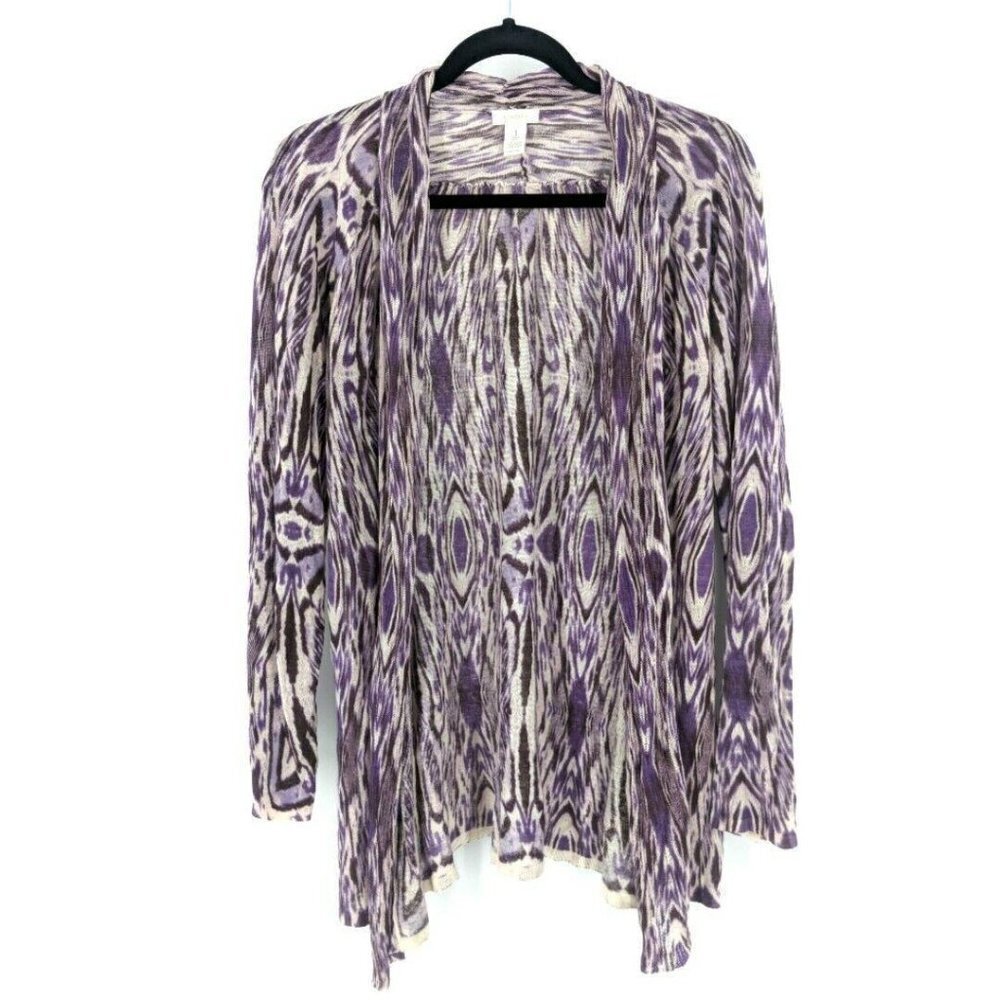 Chicos 1 Cardigan Sweater Womens M Purple‎ White Open Front Lightweight